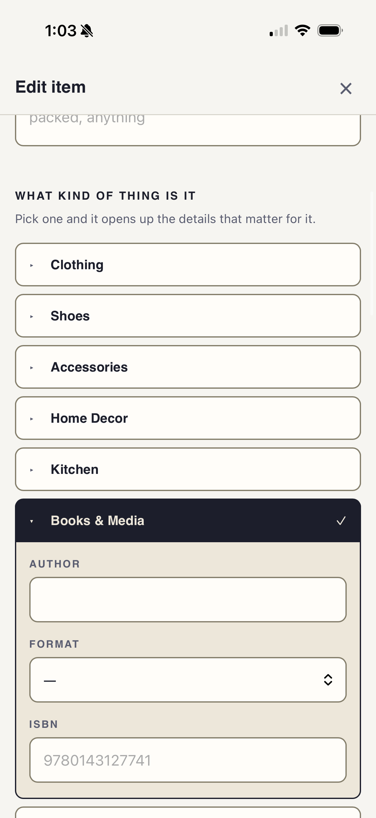 Choosing a category reveals the fields that matter for it
