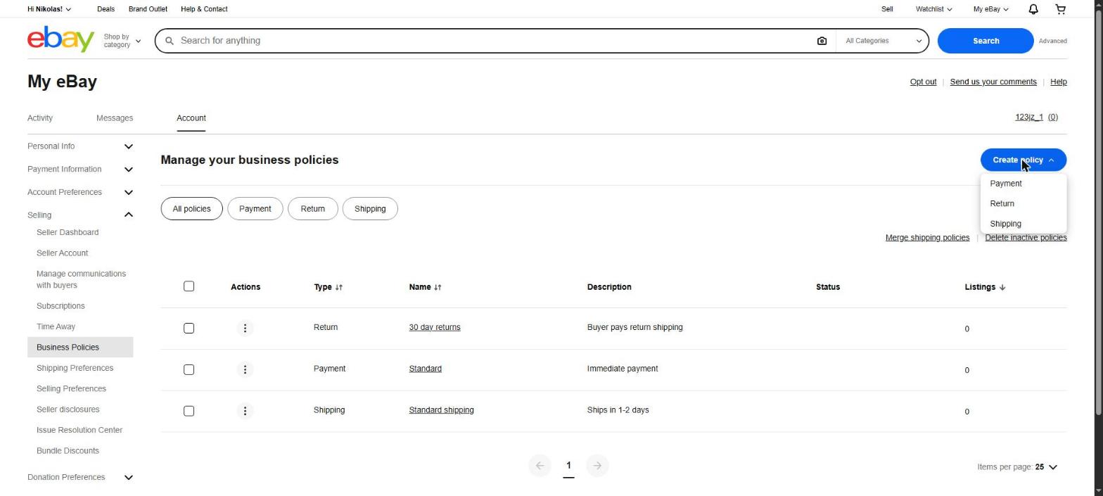 The Create policy button opened, showing Payment, Return and Shipping