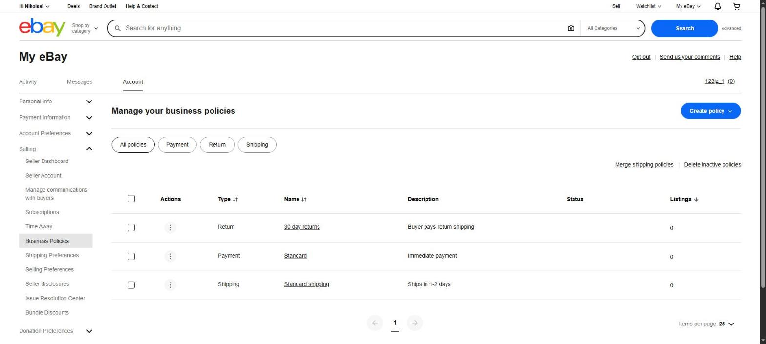 eBay's Manage your business policies page, with Business Policies highlighted in the left menu under Selling