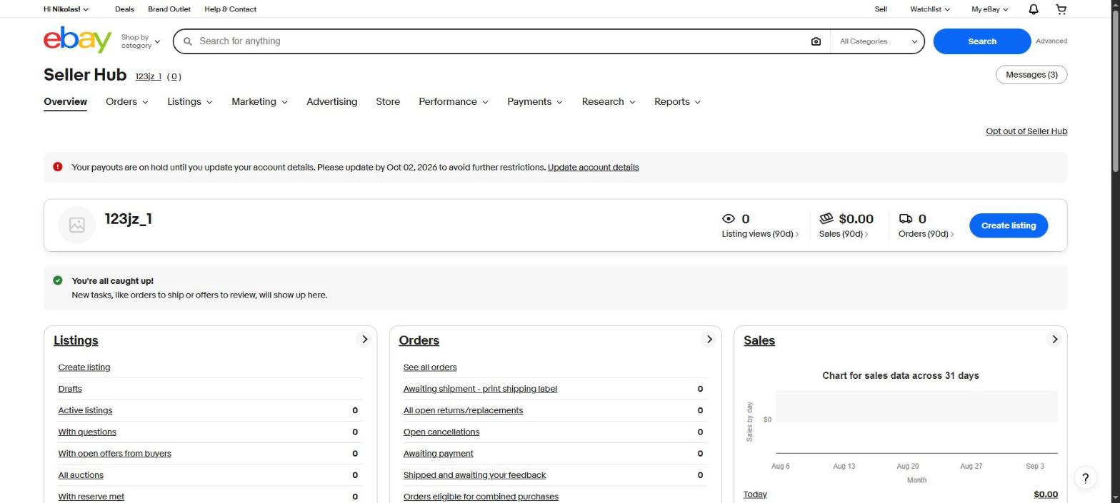 eBay Seller Hub, whose tabs do not include an Account tab