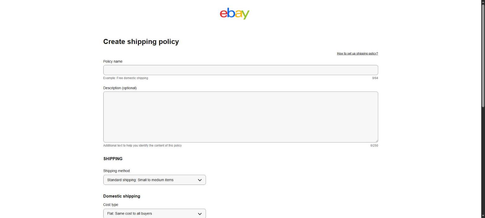 eBay's create shipping policy form, showing policy name, shipping method and cost type
