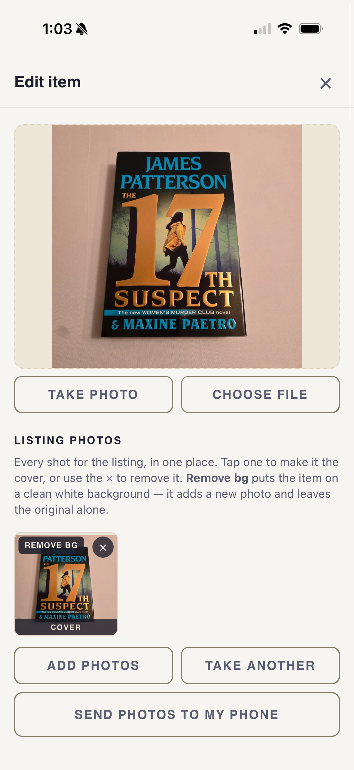 A single item with its photos, cost and sale details