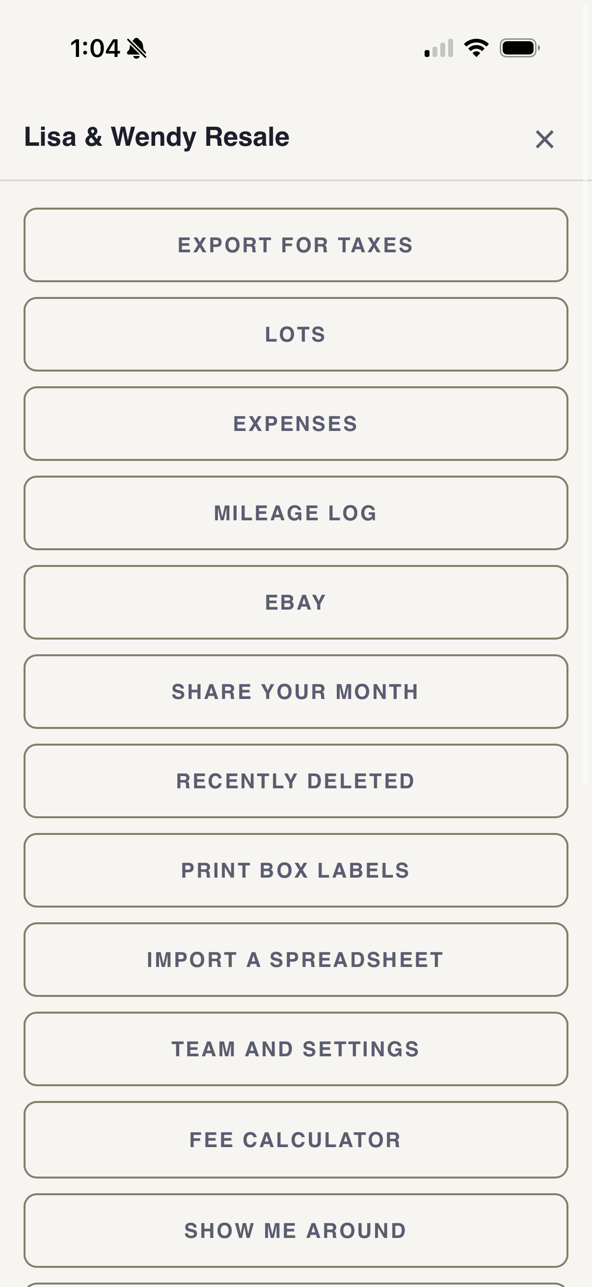 The menu showing lots, expenses, mileage, box labels and the tax export
