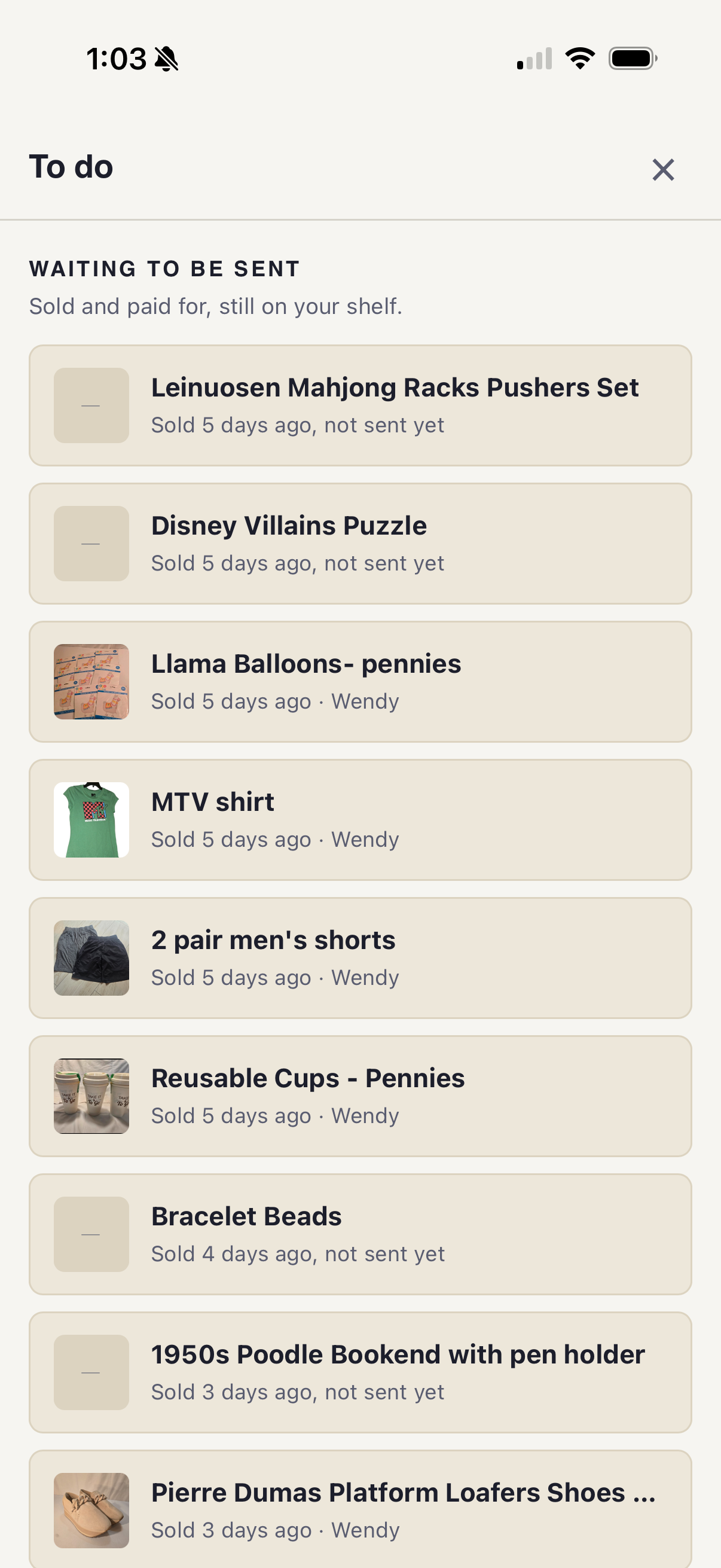 A list of things needing attention, including sold items waiting to be packed