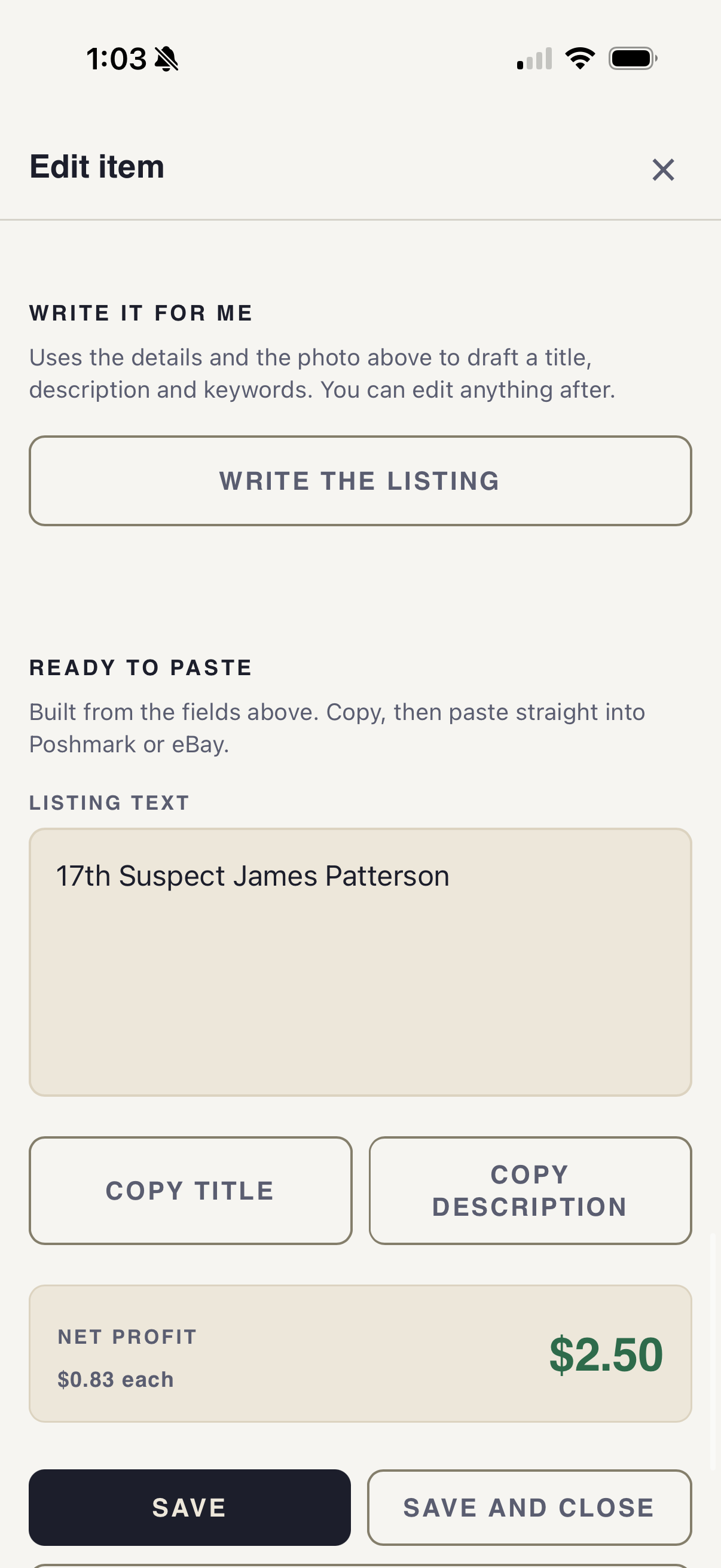The app writing a listing title, description and keywords